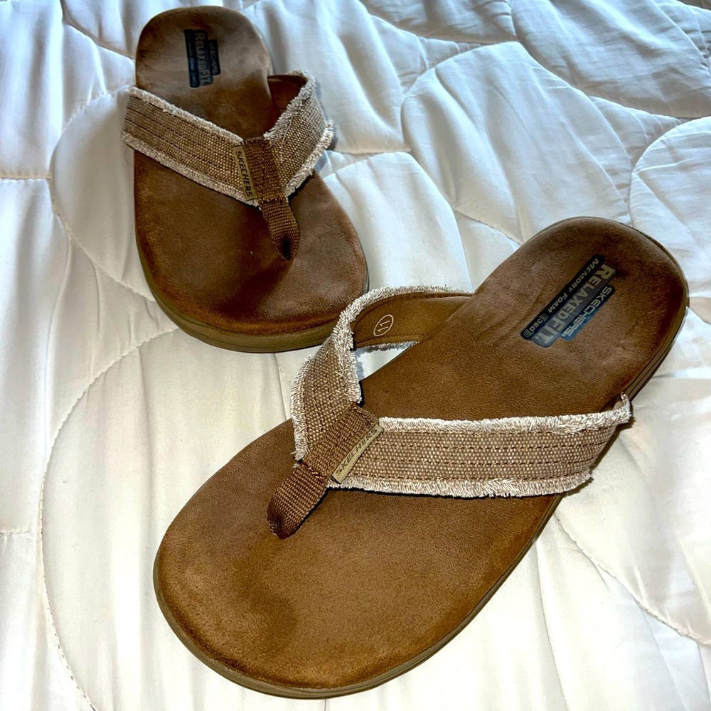 Skechers Brown Tan Canvas Strap Flip Flops